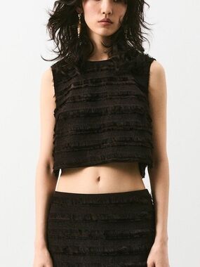 Fringe Trimmed Top Cropped Sleeveless H&M Edition Blouse Womens Small Brown